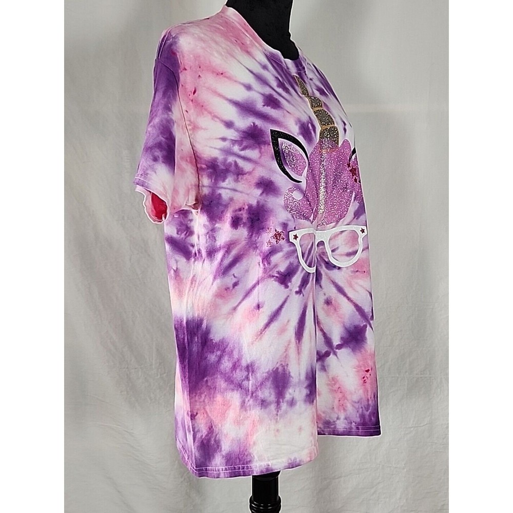 Tie Dye Hipster Unicorn Purple Pink Glitter Graphic Large T Shirt Fantasy Magic - Picture 3 of 10